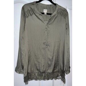 Chicos Womens Top Size 2 Large Green Xanadu Long Sleeve Casual Work Lace Tunic